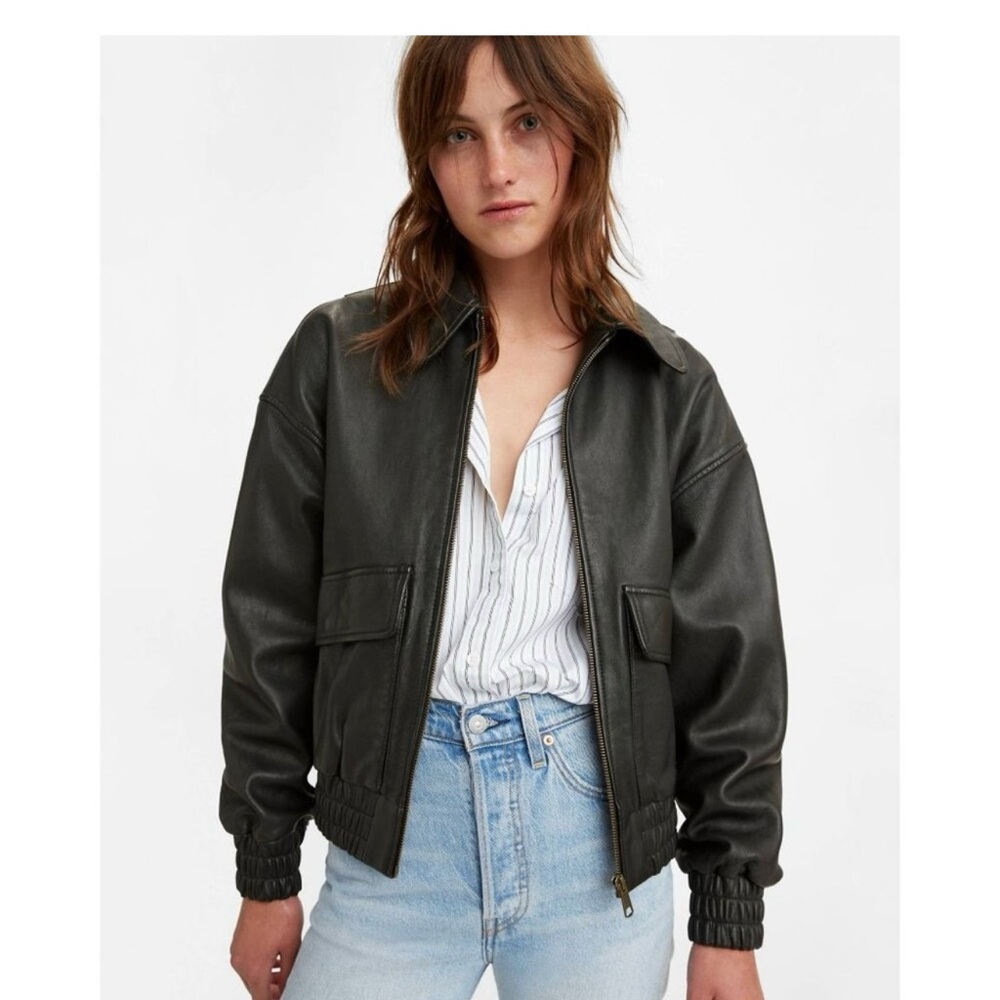 Premium Women's XS $398 Retro Black Lambskin Bomber Stylish Biker Leather Jacket